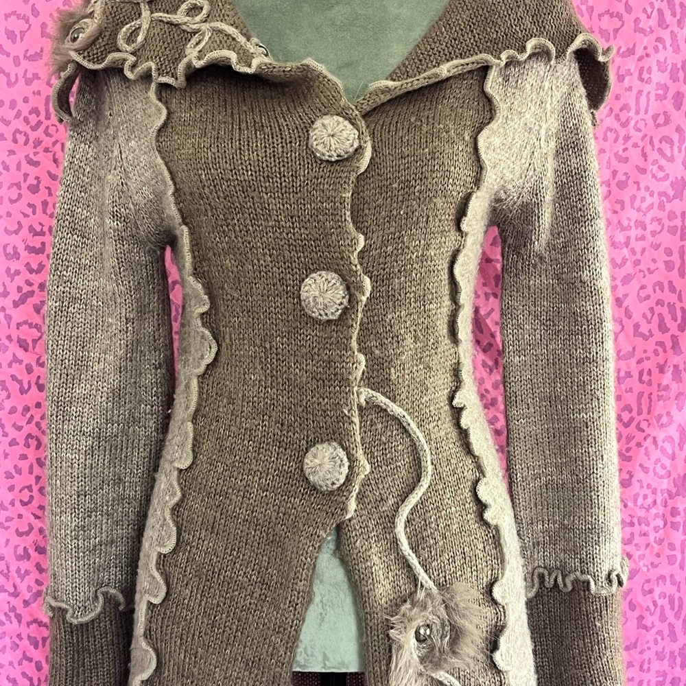 Brown Duster Sweater with Ruffle Trim - Picture 2 of 4